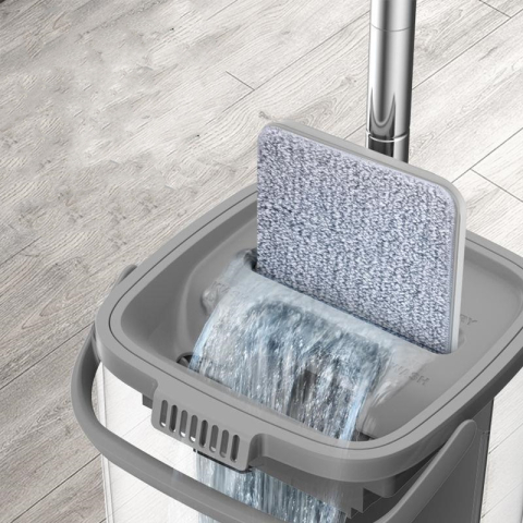 Set Mop Profesional ZMR cu Galeata si 2 Lavete din Microfibra, Functie de Autostoarcere, 360° Rotatie, Plastic si Metal Rezistent, Ideal pentru Podele din Lemn, Gresie si Linoleum, Culoare Alb [9]