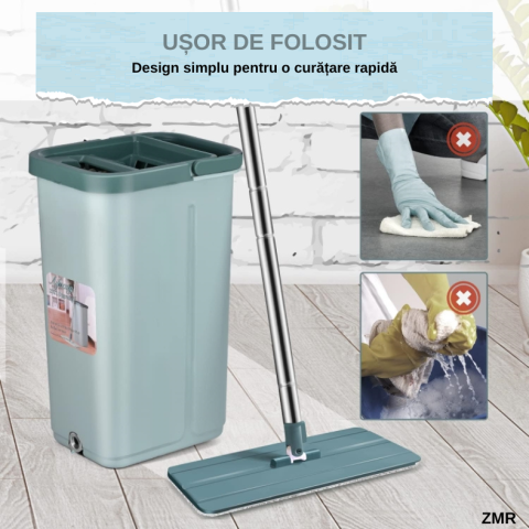 Set Mop Profesional ZMR cu Galeata si 2 Lavete din Microfibra, Functie de Autostoarcere, 360° Rotatie, Plastic si Metal Rezistent, Ideal pentru Podele din Lemn, Gresie si Linoleum, Culoare Alb [8]