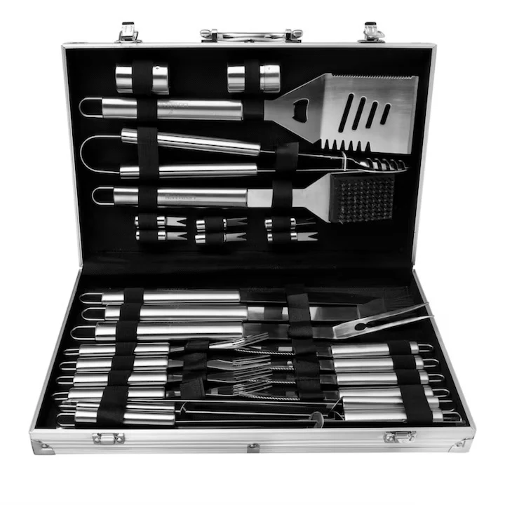 Bucătărie - Set ustensile gratar ZMR 26 piese din otel inoxidabil premium cu geanta aluminiu 43x27x8cm – accesorii BBQ profesionale pentru picnic, camping si gatit in aer liber, rezistente la rugina, sigure, usor