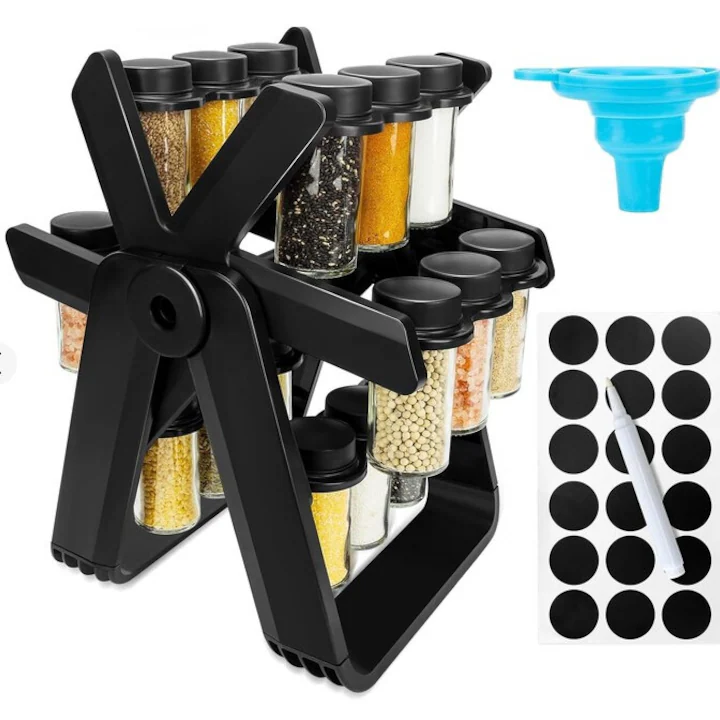 Import EmagMarketplace - Suport condimente rotativ ZMR, pivotant 360°, multifunctional, portabil, ABS și sticlă, negru, 34x23 cm