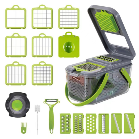 Tocator si Razatoare Multifunctionala 22 in 1, Lame Inox, Caserola cu Scurgere, Accesorii de Protectie, Feliere, Tocare, Razuire, Separator Oua, Accesorii Curatare, Ideal pentru Salate, Legume si Fruc [2]