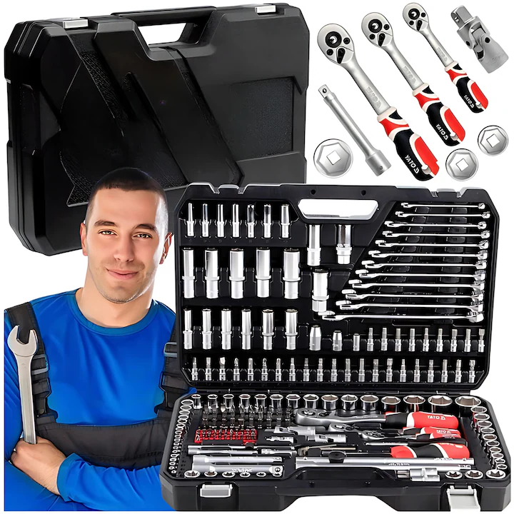 Trusa Profesionala XXL de Scule, 216 Piese din Crom-Vanadiu, Chei Tubulare Lungi pentru Bujii, Standard, Surubelnita Biti, Adaptoare, Antrenor Culisabil, Organizare Metalica, Atelier, Auto, DIY [4]