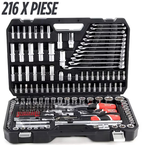 Scule electrice & unelte - Trusa Profesionala XXL de Scule, 216 Piese din Crom-Vanadiu, Chei Tubulare Lungi pentru Bujii, Standard, Surubelnita Biti, Adaptoare, Antrenor Culisabil, Organizare Metalica, Atelier, Auto, DIY