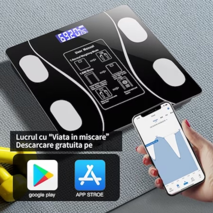 antar inteligent de diagnostic corporal ZoePRO COOL, incarcare USB Conexiune Bluetooth la App Pentru Fitness, Intervalul de cantarire 0, 2-180 kg, Detectarea temperaturii, Sticla securizata, Neagra  3 [2]