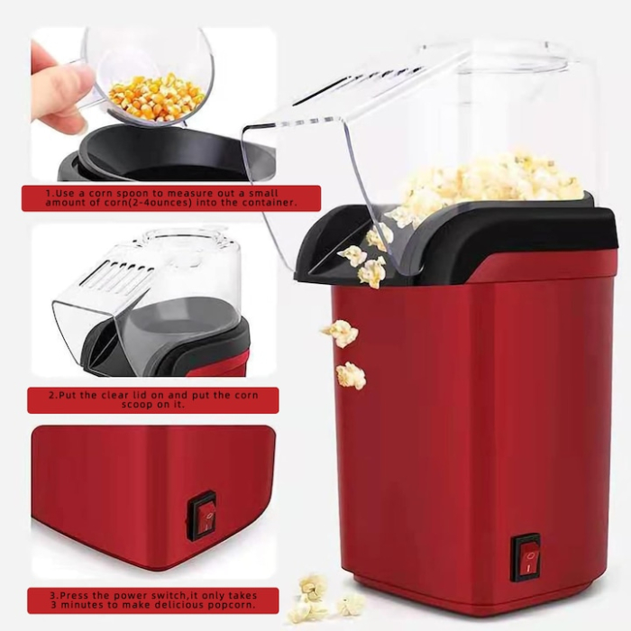 Aparat cu Aer Cald de facut Popcorn, Gata in max. 3 min, 300W, Recipient dozator Boabe, Rosu [2]