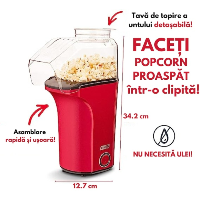 Aparat de preparat popcorn WELUOT, 1200W, container dozare, rosu [3]