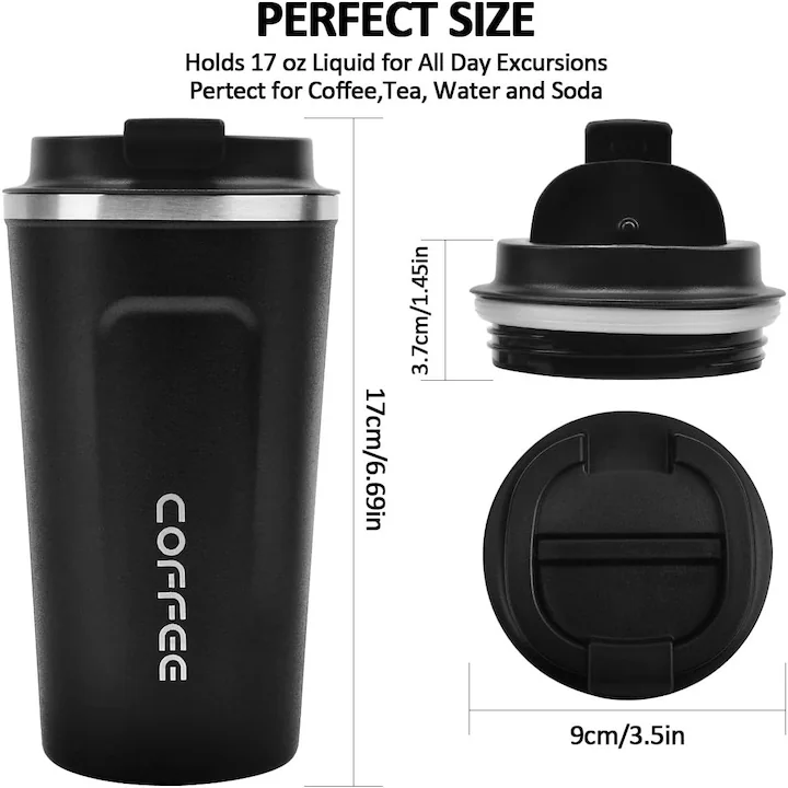 Cana termoizolanta pentru cafea, din otel inoxidabil, cu structura dubla si capac, rezistenta la rugina si etansa, potrivita pentru cafea, ceai, ciocolata calda, lapte etc., 510 ml, negru [4]