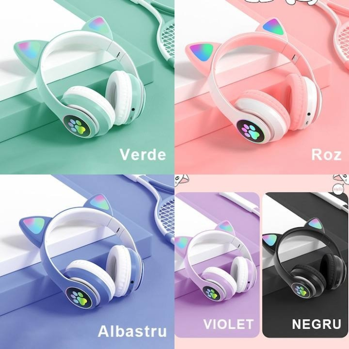 Casti Wireless pentru Copii Selani CAT cu lumini LED, Negru [2]