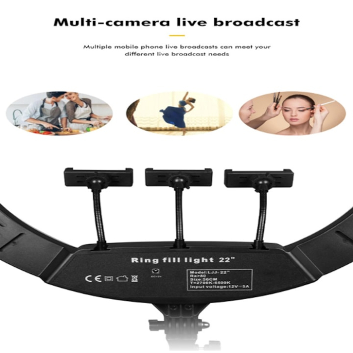 Cerc Luminos Ring Light LED 56cm/22inch, 3 moduri de lumina, 10 trepte reglaj, 3 suporti telefon, telecomanda selfie, trepied 210cm inclus [7]