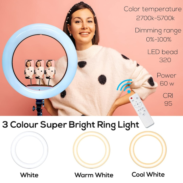 Cerc Luminos Ring Light LED 56cm/22inch, 3 moduri de lumina, 10 trepte reglaj, 3 suporti telefon, telecomanda selfie, trepied 210cm inclus [2]