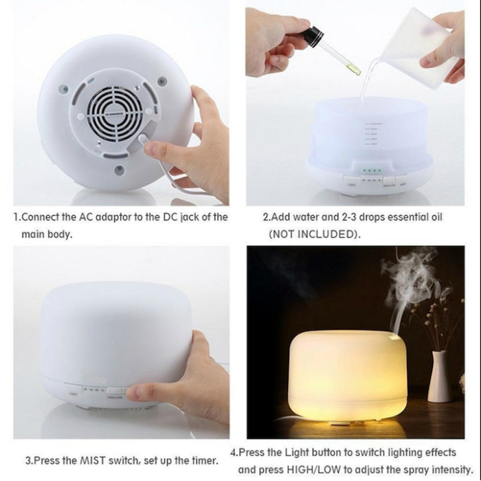 Difuzor Aromaterapie cu ultrasunete si Umidificator cu led, Lampa de veghe, silentios, 500 ml, programabil, Alb [3]