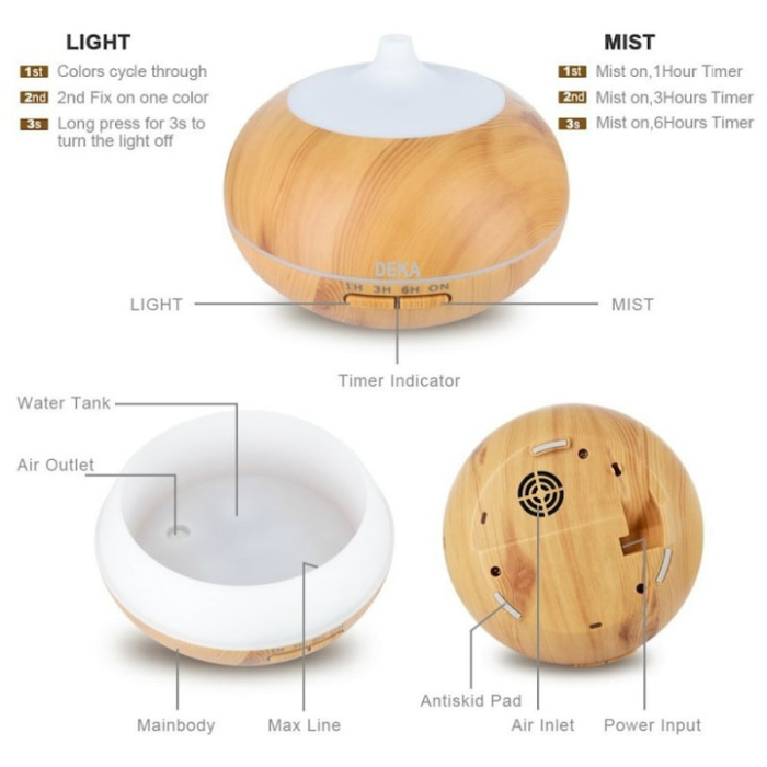 Difuzor Aromaterapie/Umidificator cu ultrasunete, DEKA AD-01 cu Telecomanda, LED 7 culori, silentios, 550 ml, autonomie 18 ore, temporizator, Stejar deschis [2]