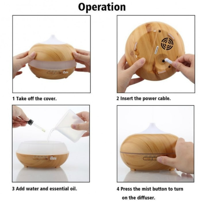 Difuzor Aromaterapie/Umidificator cu ultrasunete si LED + Telecomanda, iNOV DZ-01, stejar deschis, 550 ml, Silentios [5]