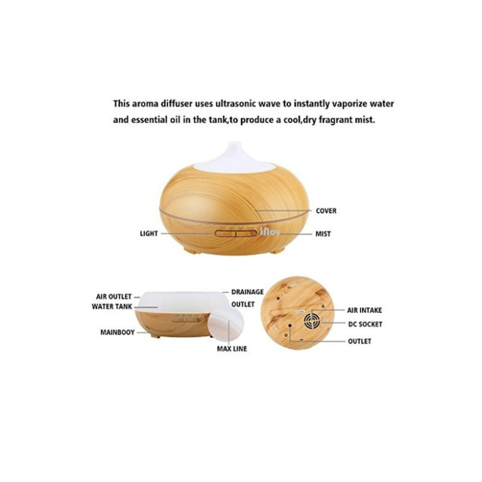 Difuzor Aromaterapie/Umidificator cu ultrasunete si LED + Telecomanda, iNOV DZ-01, stejar deschis, 550 ml, Silentios [4]