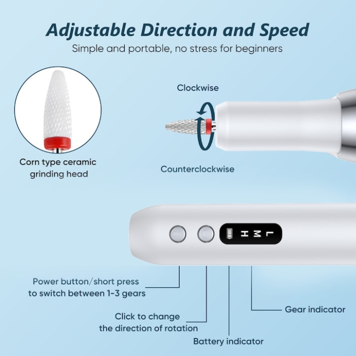 Freza unghii profesionala, Axroad Mall, electrica, wireless, 15000 RPM, pentru manichiura, pedichiura, capete pentru pila forme diverse, portabil, incarcare USB, Zgomot redus si putere redusa, ABS, 15 [2]