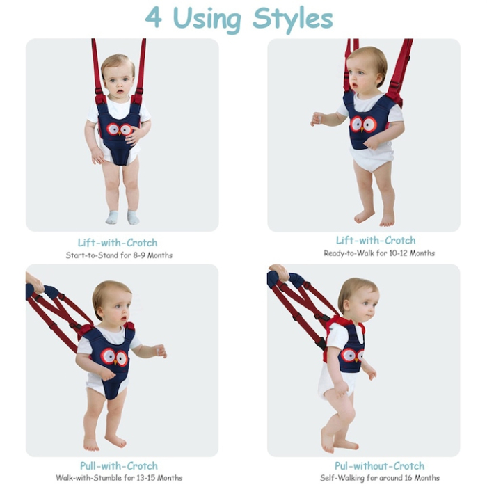 Ham bebe cu suport tip chilot detasabil, Darklove, premergator, asistare mers, Ergonomic si sigur, 7-24 luni, Unisex, Bumbac, bufnita albasru cu rosu [4]