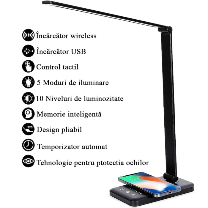 Lampa birou cu LED, incarcare wireless telefon Andoid si IOS, touch control, reglare intensitate lumina rece/calda, timing inchidere, negru [7]