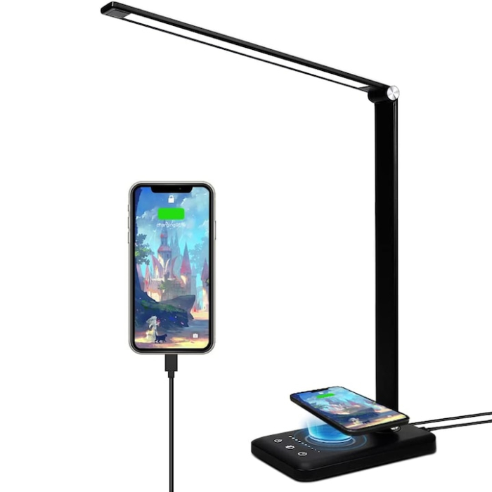 Lampa birou cu LED, incarcare wireless telefon Andoid si IOS, touch control, reglare intensitate lumina rece/calda, timing inchidere, negru [5]