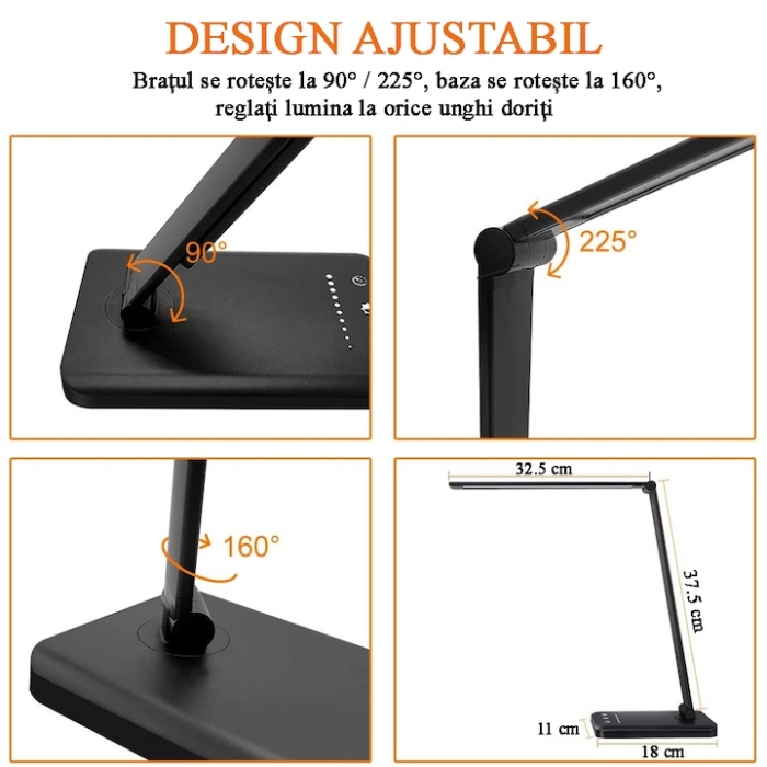Lampa birou cu LED, incarcare wireless telefon Andoid si IOS, touch control, reglare intensitate lumina rece/calda, timing inchidere, negru [4]
