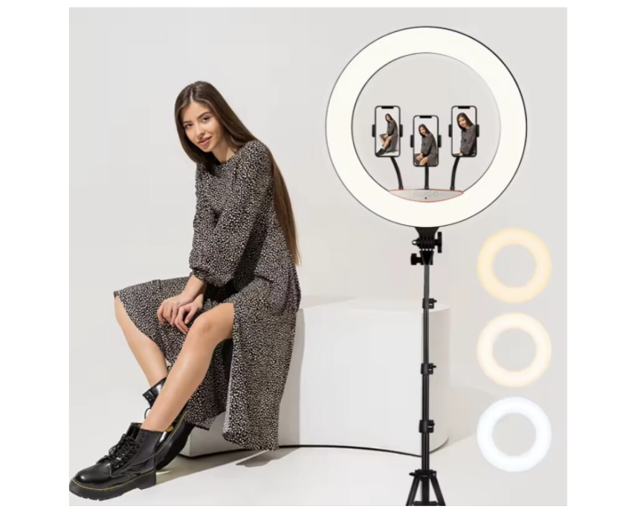 Lampa circulara profesionala ring light, 50 W, cu diametru 56cm, 180 x LED SMD, 10 nivele de intensitate, lumina rece, calda si neutra, photo, video si makeup cu trepied 210cm inclus, [2]