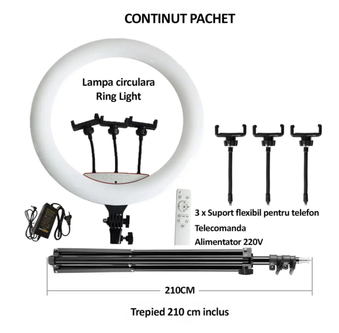 Lampa circulara profesionala ring light, 50 W, cu diametru 56cm, 180 x LED SMD, 10 nivele de intensitate, lumina rece, calda si neutra, photo, video si makeup cu trepied 210cm inclus, [5]