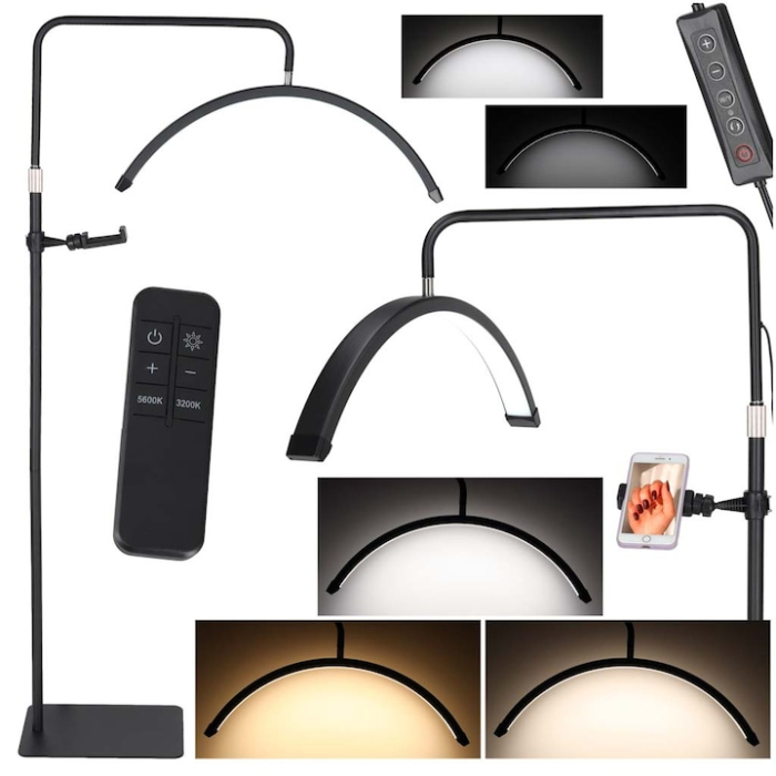 Lampa Profesionala Cosmetica Semiluna LED 40W, lumina reglabila (3000K-7000K), inaltime ajustabila 130-185cm, Iluminare 4000LM, Suport Telefon, Telecomanda, Negru [2]