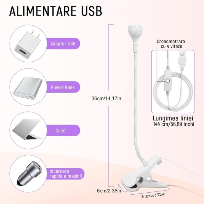 Lampa UV/LED mini Fast Lamp,360°unghi liber reglabil, Flexibila,3W, DC 3V, Pentru manichiura si pedichiura, Cablu USB negru de 1,5 metri cu buton ON/OFF, YQLAFT, Alb [3]