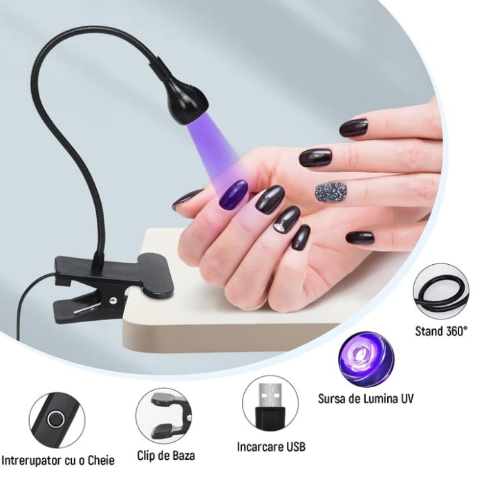 Lampa UV/LED mini Fast Lamp, Uscare rapida si fara maini negre, pentru manichiura si pedichiura,360°unghi liber reglabil,1,5 metri cu buton ON/OFF, Negru [5]