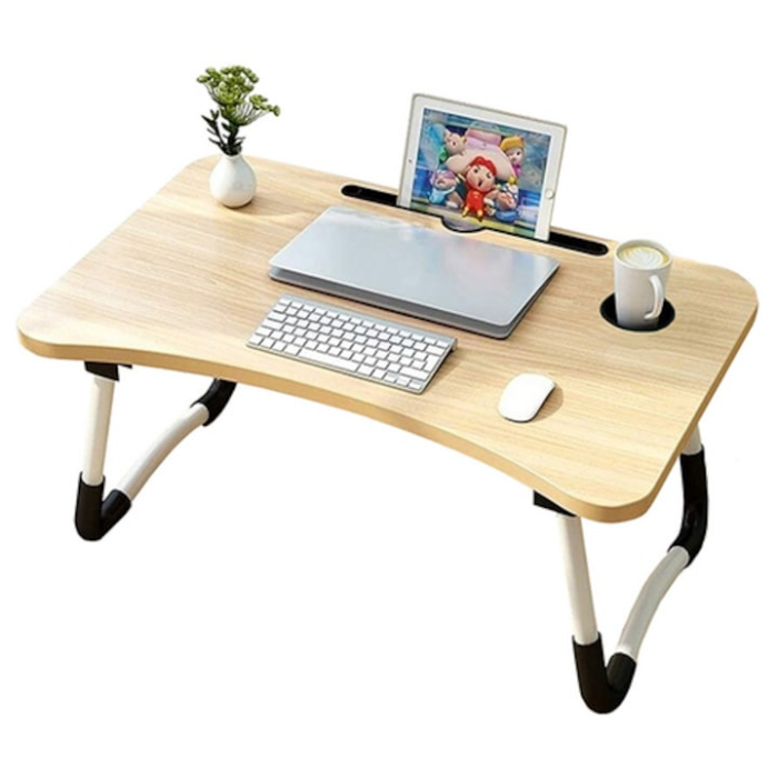 Masa laptop cu suport pahar, picioare anti-derapante, suport telefon/tableta, pliabila, din lemn, 28 x 60 x 40 [4]