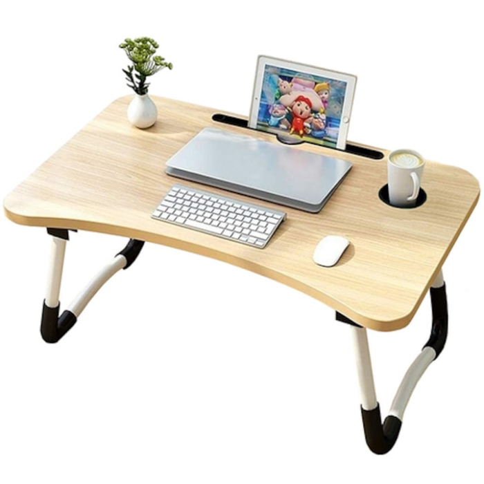 Masa laptop cu suport pahar, picioare anti-derapante, suport telefon/tableta, pliabila, din lemn, 28 x 60 x 40 [2]