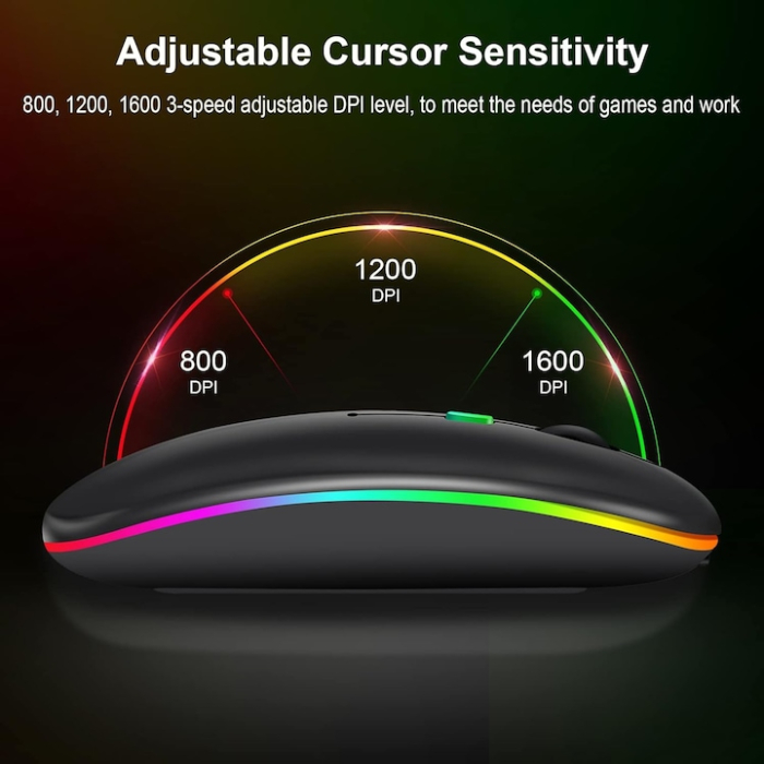 Mouse optic wireless iNext 2.4G si Bluetooth dual-mode, cu iluminare RGB, receptor USB, butoane mute, cu buton DPI, reglabil 800/1200/1600DPI, ergonomic, pentru laptop PC Mac, 500mAh, gri [5]