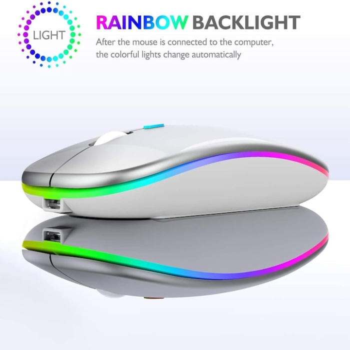 Mouse wireless, Reincarcabil si fara zgomot BT5.2 + 2.4Ghz, Receptor USB, 7 culori cu LED-uri, Ergonomic, Reglabil 800/1200/1600DPI, Pentru laptop, PC, Mac, Alb [5]