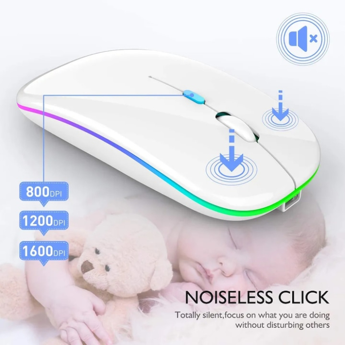 Mouse wireless, Reincarcabil si fara zgomot BT5.2 + 2.4Ghz, Receptor USB, 7 culori cu LED-uri, Ergonomic, Reglabil 800/1200/1600DPI, Pentru laptop, PC, Mac, Alb [6]
