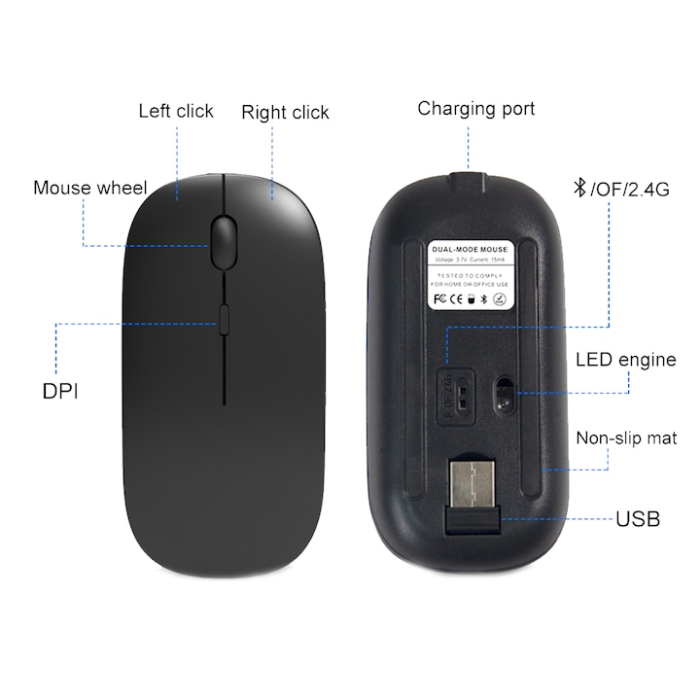 Mouse wireless, Zggzerg, Bluetooth 5.2 si 2.4Ghz, Receptor USB, Reglabil 800/1200/1600DPI, Mut, Reincarcabil, Cu LED RGB, 500mAh, Ergonomic, Pentru laptop, PC, Mac, Negru mat [5]