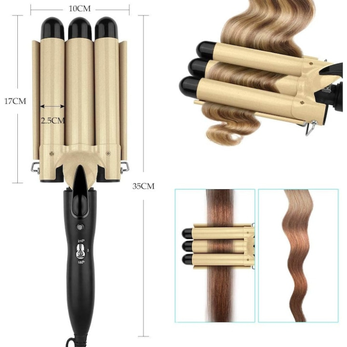 Ondulator par cu 3 elementi, Invelis ceramica, 210 grade, Auriu/Negru [2]