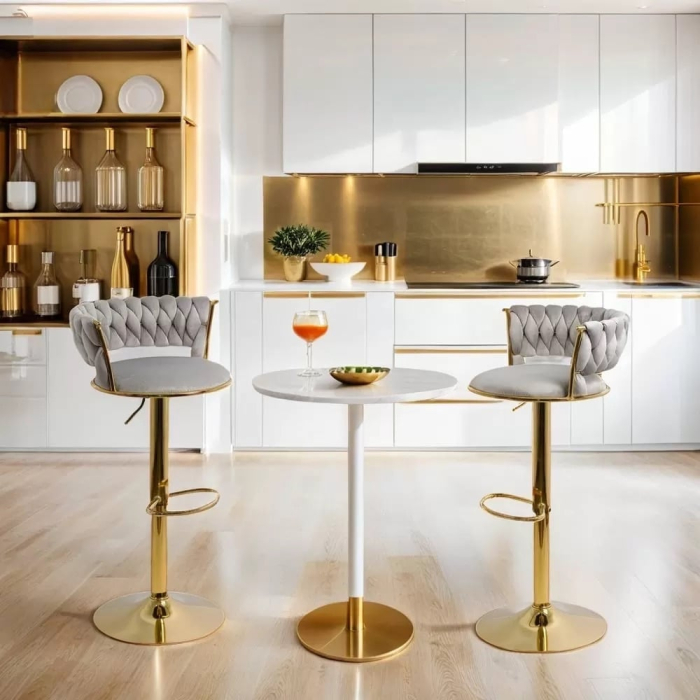 Scaun bar reglabil pe înălțime, rotativ, suport picioare, catifea, gri [4]