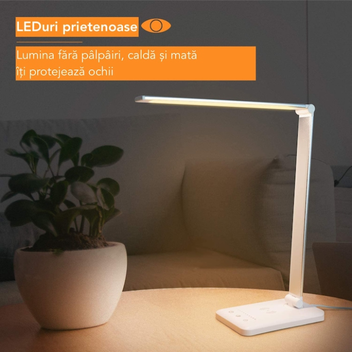 Veioza lampa LED Smarter pentru casa si birou, control touch, incarcator wireless QI pentru telefon sau casti, port USB, temporizator, lumina in 5 culori-calda sau rece, ajustare intensitate cu atinge [2]