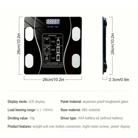 antar inteligent de diagnostic corporal ZoePRO COOL, incarcare USB Conexiune Bluetooth la App Pentru Fitness, Intervalul de cantarire 0, 2-180 kg, Detectarea temperaturii, Sticla securizata, Neagra  3 [3]