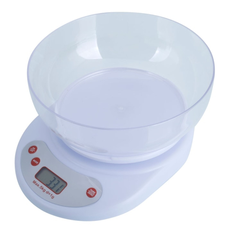 Cantare - Cantar pentru bucatarie, bol inclus, greutate maxima 5 Kg, display LCD, inchidere automata, alb