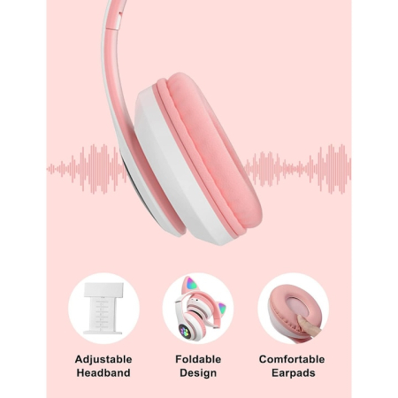 Casti wireless pliabile, Urechi de pisica, Bluetooth 5.0, Handsfree, HiFi, Bass Stereo, LED, TF, Alb/Roz [3]
