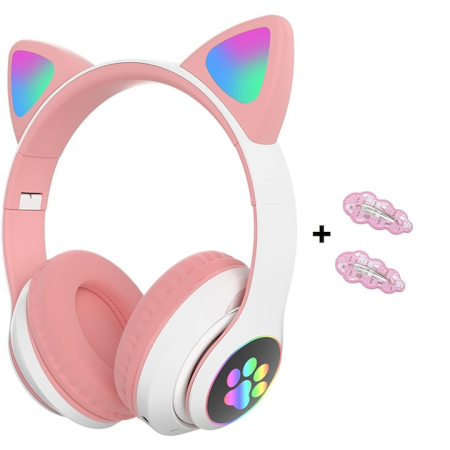 Casti Audio - Casti wireless pliabile, Urechi de pisica, Bluetooth 5.0, Handsfree, HiFi, Bass Stereo, LED, TF, Alb/Roz
