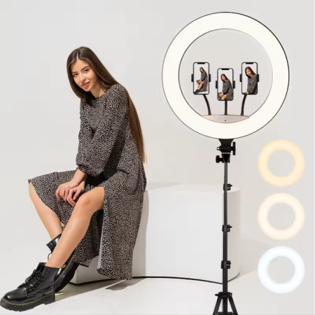 Cerc Luminos Ring Light LED 56cm/22inch, 3 moduri de lumina, 10 trepte reglaj, 3 suporti telefon, telecomanda selfie, trepied 210cm inclus [3]
