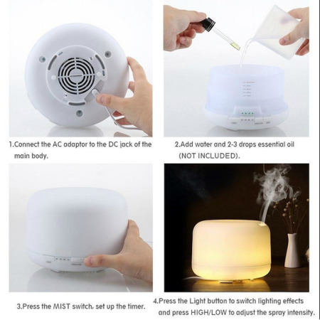 Difuzor Aromaterapie cu ultrasunete si Umidificator cu led, Lampa de veghe, silentios, 500 ml, programabil, Alb [2]