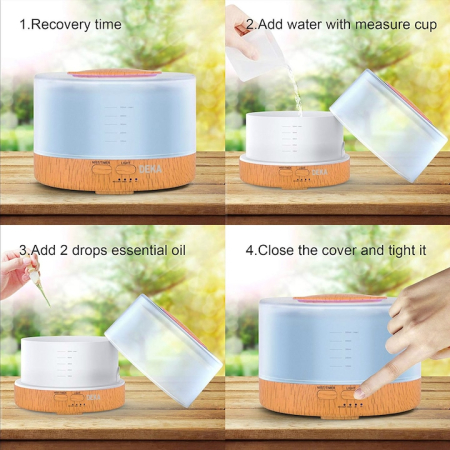 Difuzor Aromaterapie/Umidificator cu ultrasunete, DEKA AD-07 cu Telecomanda, LED 7 culori, silentios, 550 ml, autonomie 16 ore, fara BPA, programabil, Alb/Stejar deschis [2]