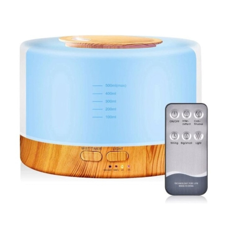 Umidificatoare Aer - Difuzor Aromaterapie/Umidificator cu ultrasunete, DEKA AD-07 cu Telecomanda, LED 7 culori, silentios, 550 ml, autonomie 16 ore, fara BPA, programabil, Alb/Stejar deschis