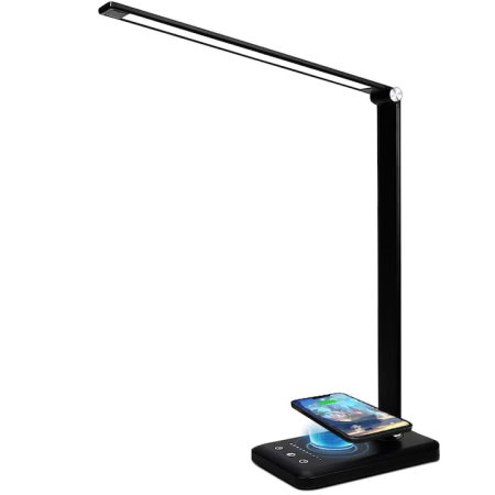 Lampi Birou - Lampa birou cu LED, incarcare wireless telefon Andoid si IOS, touch control, reglare intensitate lumina rece/calda, timing inchidere, negru