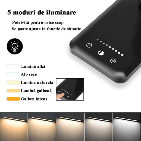 Lampa birou cu LED, incarcare wireless telefon Andoid si IOS, touch control, reglare intensitate lumina rece/calda, timing inchidere, negru [2]