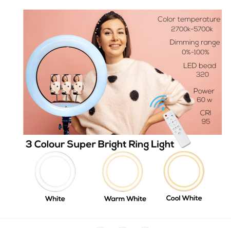 Lampa circulara profesionala ring light, 36 W, cu diametru 45 cm, 180 x LED SMD, 10 nivele de intensitate, lumina rece, calda si neutra, photo, video si makeup cu trepied 210cm inclus, 3 [6]