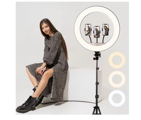 Lampa circulara profesionala ring light, 50 W, cu diametru 56cm, 180 x LED SMD, 10 nivele de intensitate, lumina rece, calda si neutra, photo, video si makeup cu trepied 210cm inclus, [1]