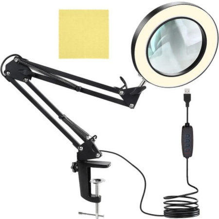 Ring Light - Lampa cu Lupa Izoxis, Iluminare LED, Alimentare USB, Rotunda, 10 niveluri de intensitate a luminii, culoare lumina rece, neutra, calda, 65 x 15 x 5 cm, culoare negru